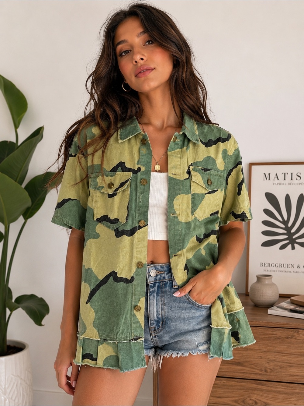 Camo Peace Sign Ruffle Jacket Military Utility Shacket Size Medium Y2K Boho